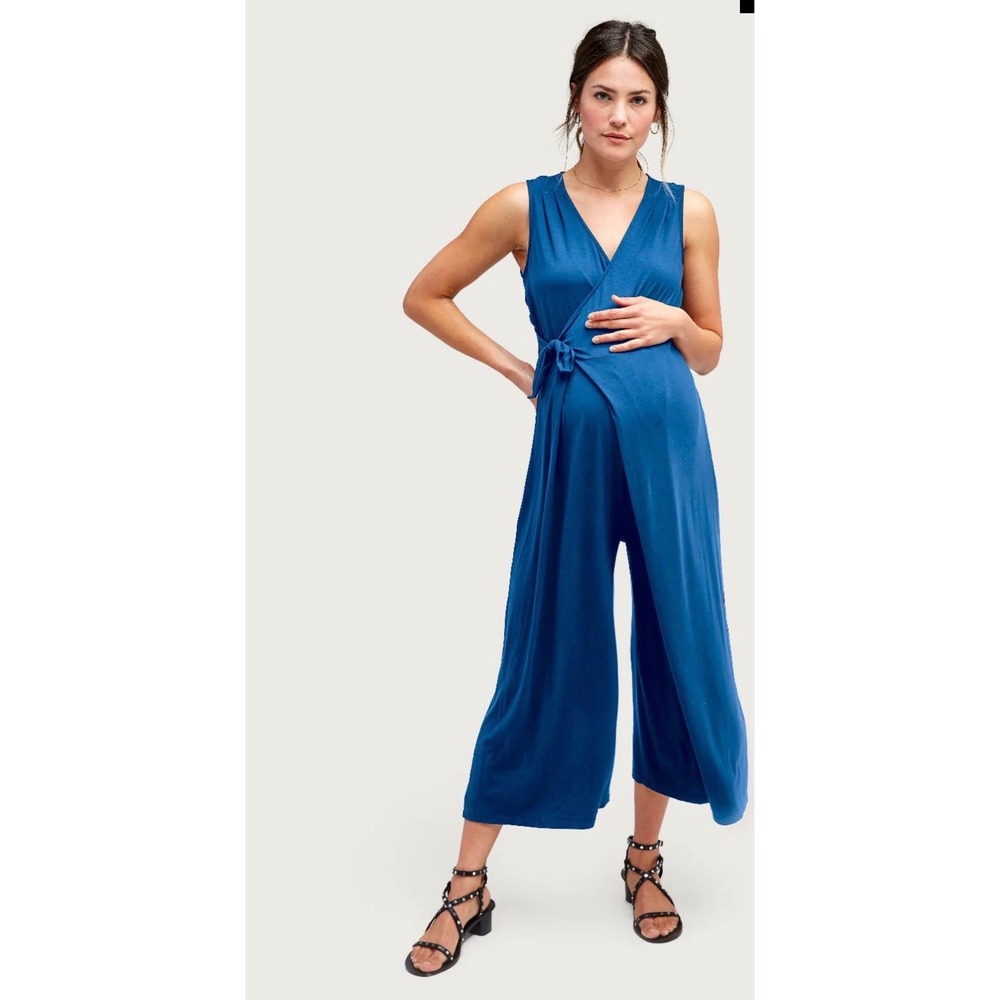 Nom Maternity Jojo Jumpsuit Blue Sleeveless Wrap Nursing Friendly Wide Leg S